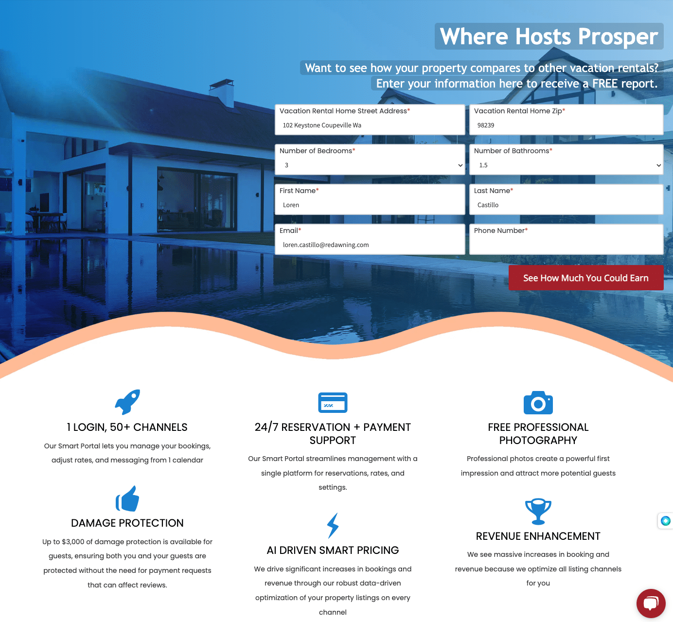 Screen shot of the vacation rental intake form at Red Awning