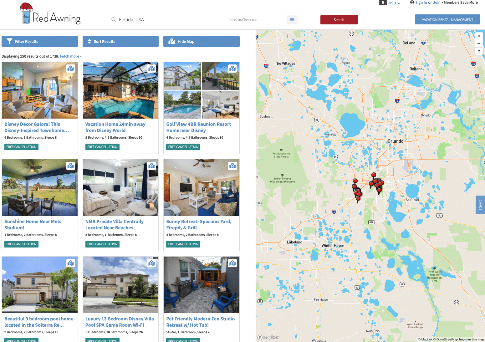 Screen shot of the vacation rental search page with a map from Red Awning