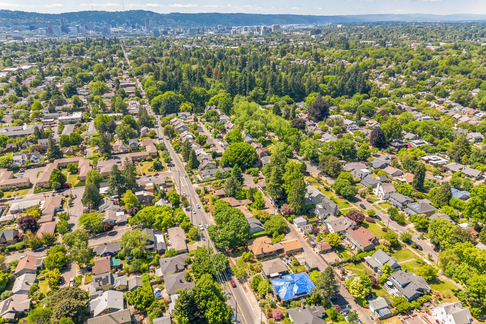 aerial photo of Portland skyline and residential neighborhoods