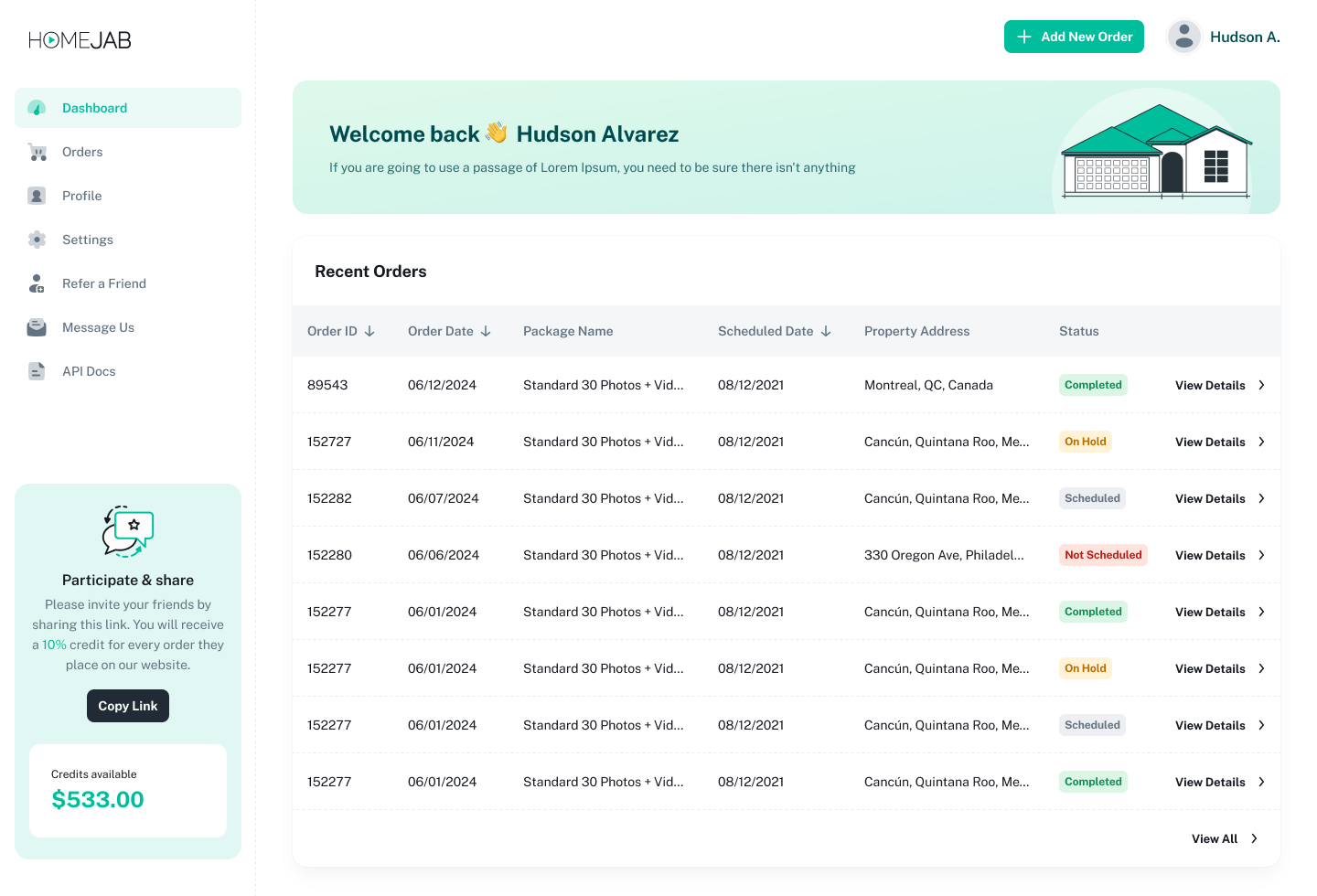 HomeJab client dashboard