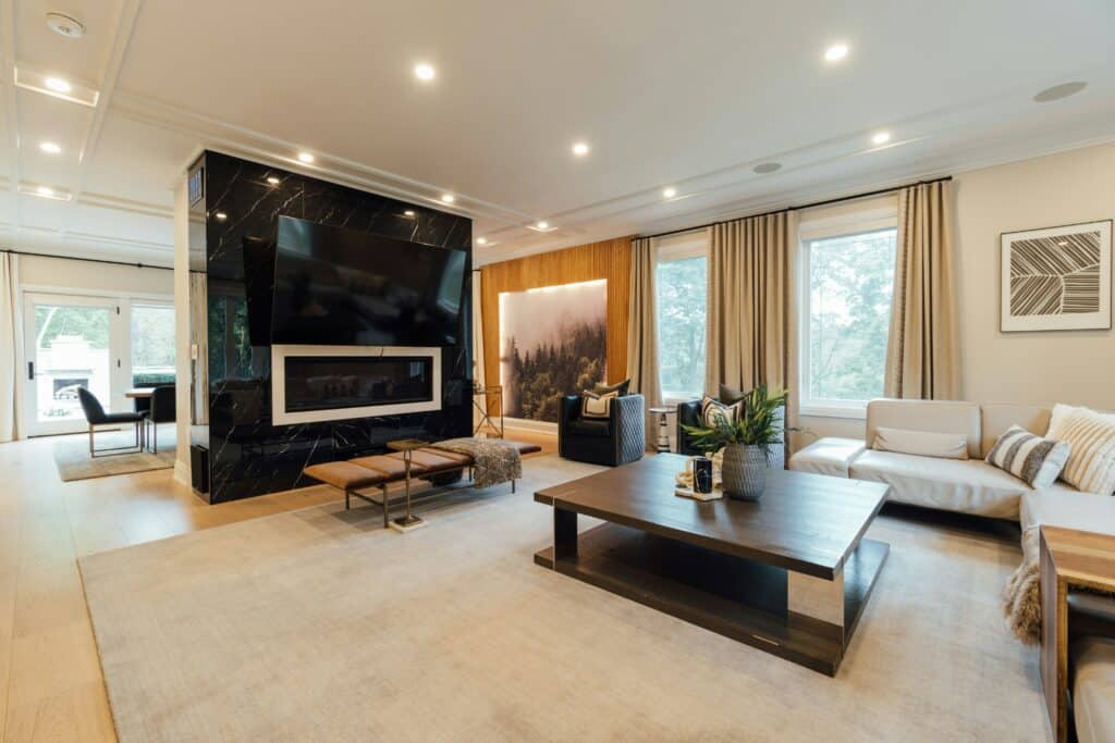 living room with black fireplace