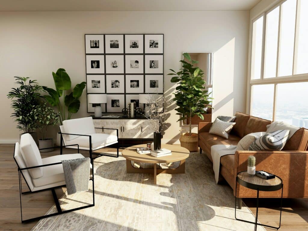 living room with camel leather couch