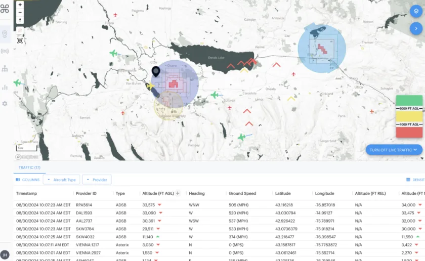 Aloft dashboard with an airspace map and a live aircraft traffic table