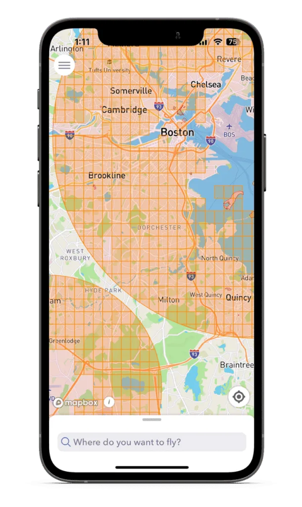 AutoPylot app showing grid-marked controlled airspace around Boston
