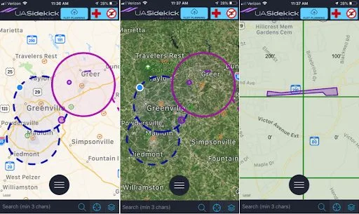 UASidekick app showing airspace around Greenville in three map views