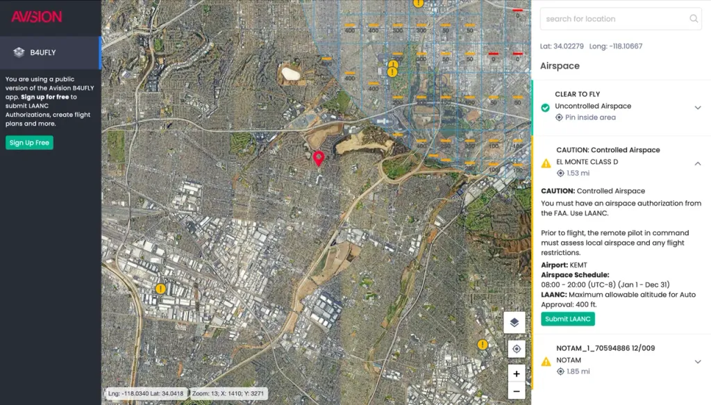 Avision B4UFLY web app showing controlled airspace near El Monte, California