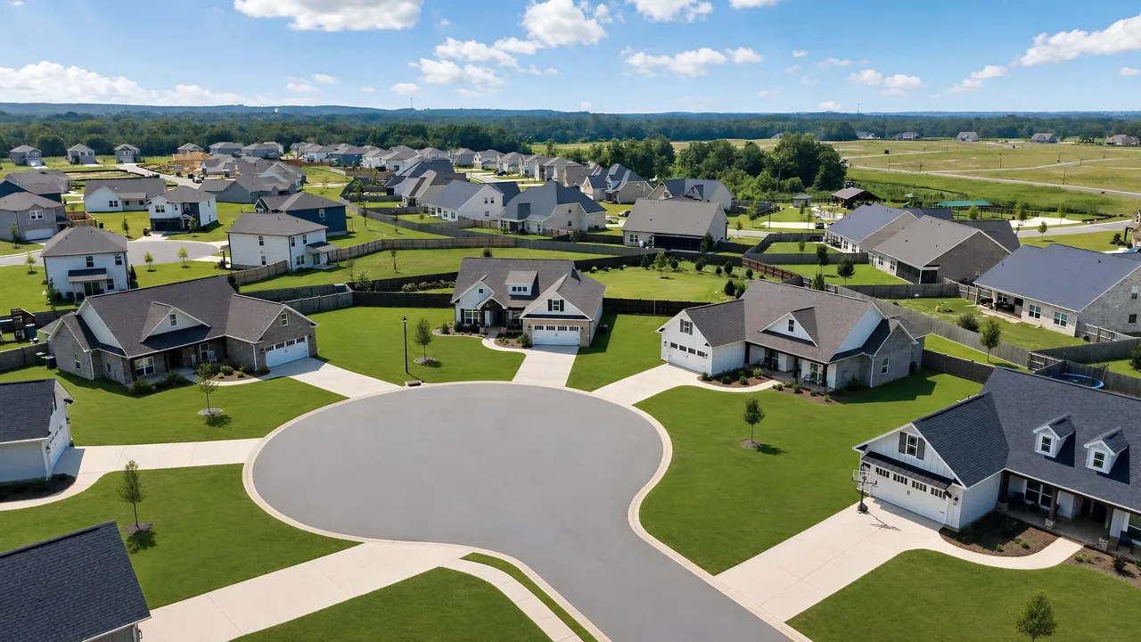 Aerial view of a residential neighborhood showing homes, streets, and surrounding properties as buyers would actually encounter them