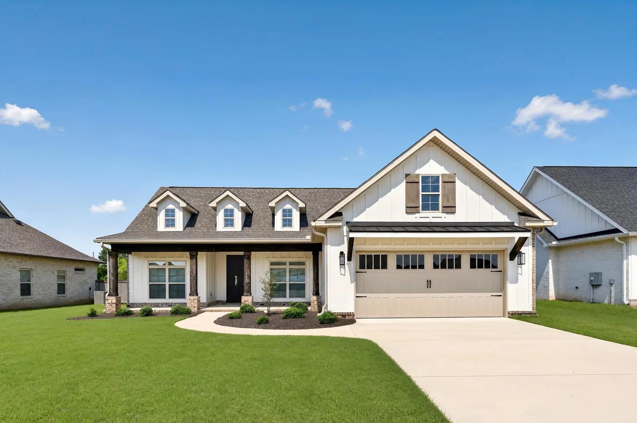 Professionally photographed modern farmhouse-style home exterior with a two-car garage and landscaped front yard