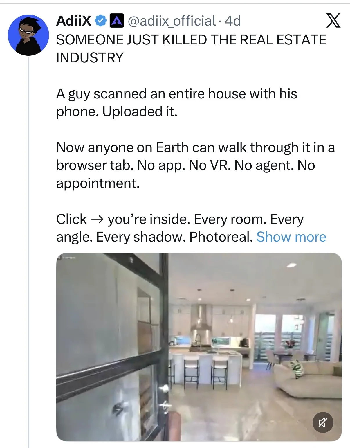 Viral social media post claiming Gaussian splat technology will disrupt the real estate industry