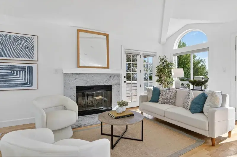 Real estate photography living room with fireplace