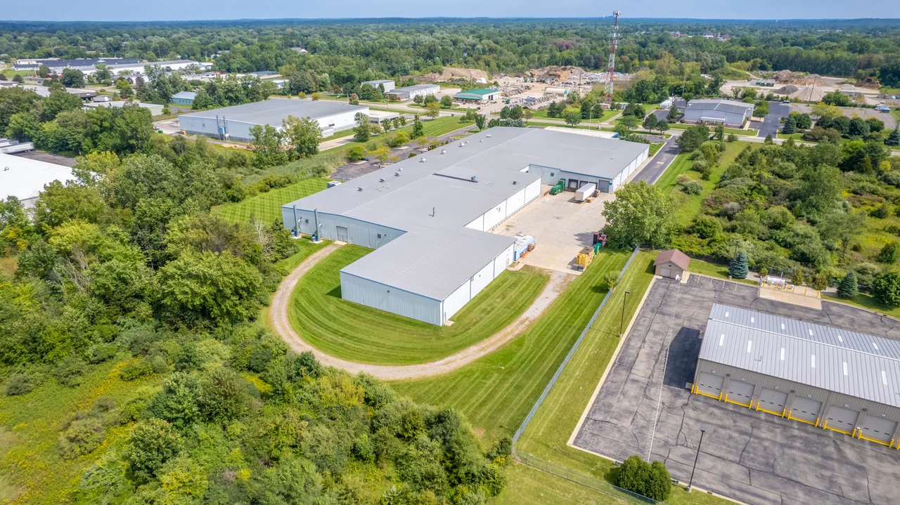 Industrial warehouse facility, aerial view