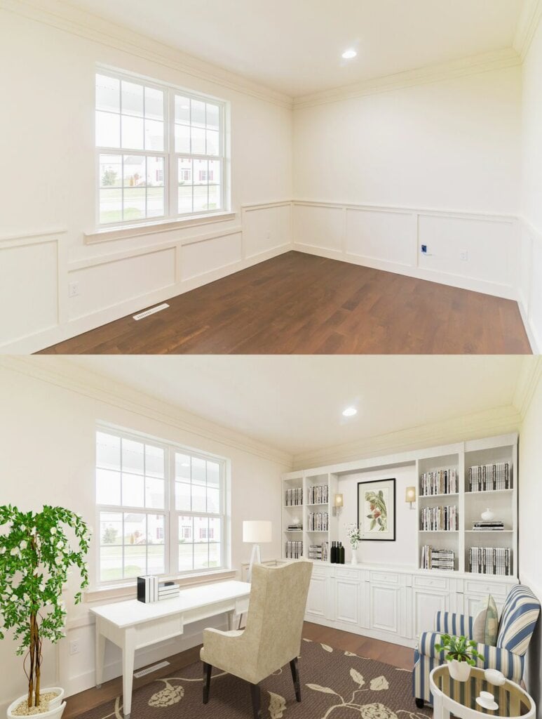 Before and after photo of a home office before and after HomeJab's virtual staging.