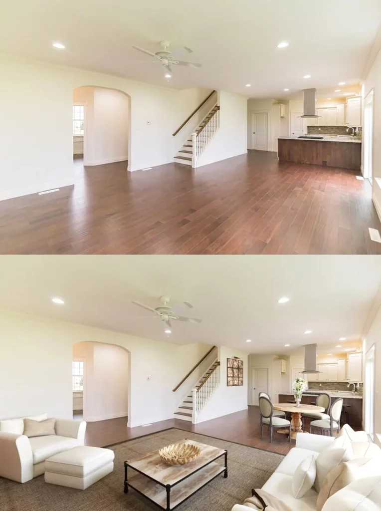 Photo of a room with white walls and wood floor before and after virtual staging.