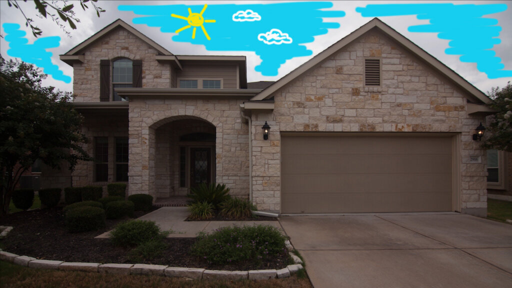 Curbside photo of a stone house with sun and clouds that have been colored in.