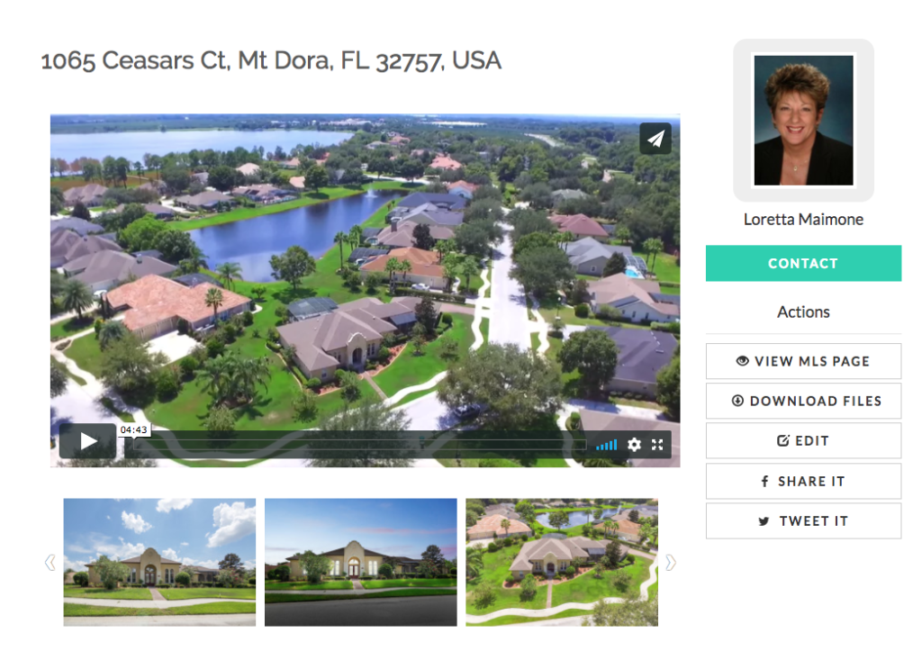 Image of a realtor listing in Florida with a video using drone footage.