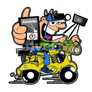 Cartoon character of a man on a scooter with cameras and a tablet saying, "Jab Jobs".