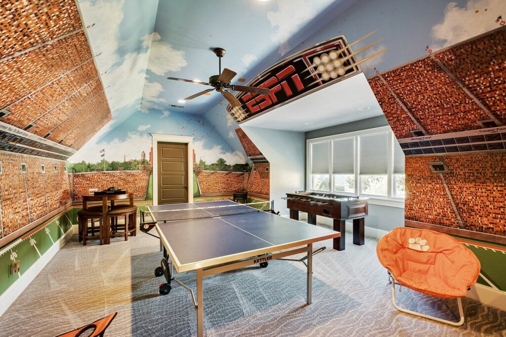 Game Room that looks like a football stadium room transformation