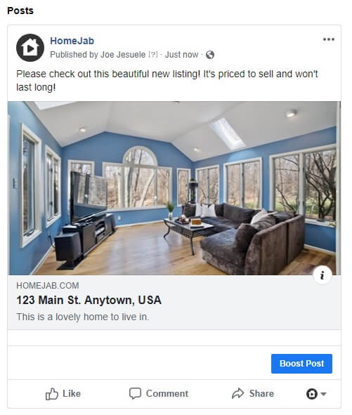 Image of a HomeJab Facebook post showing a large blue living room.