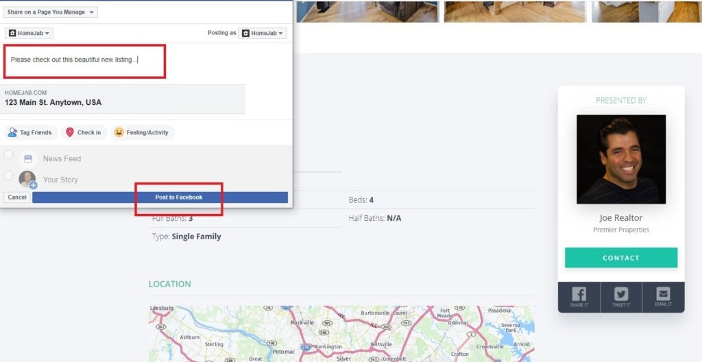 Realtor listing showing how to post to Facebook.