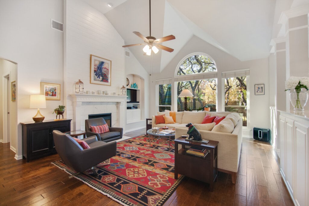 Large living room with high ceilings and white walls taken by our professional HomeJab photographers.