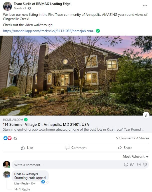 Screen shot showing an example of a Facebook listing.