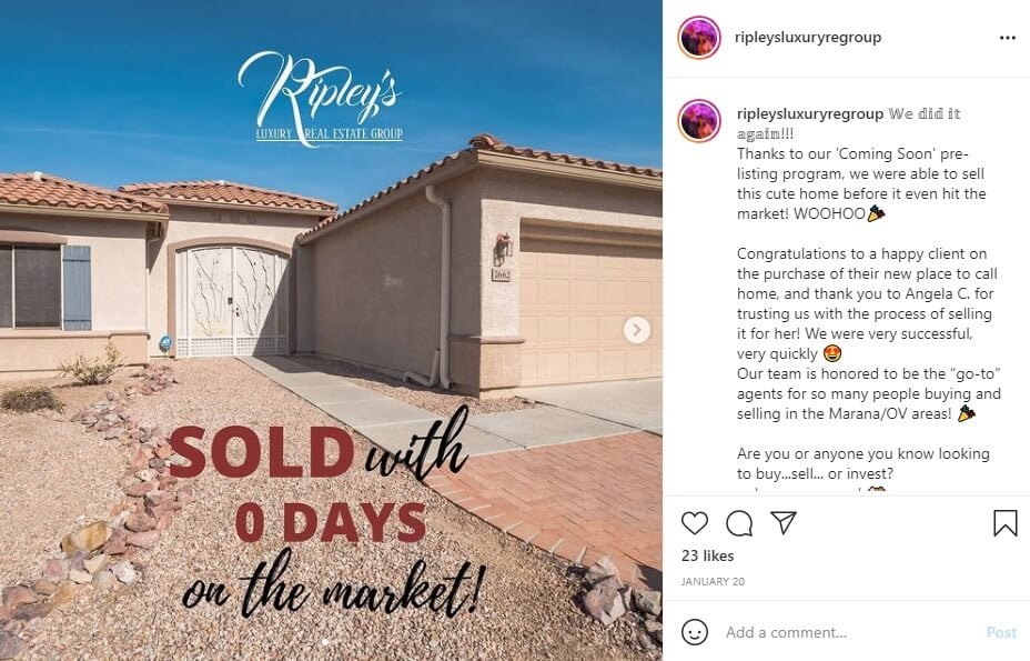 Example of a property listing on Instagram with link to bio. 