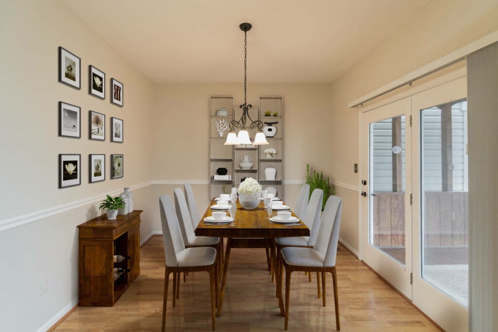 Galley dining room with seating for six using virtual staging.