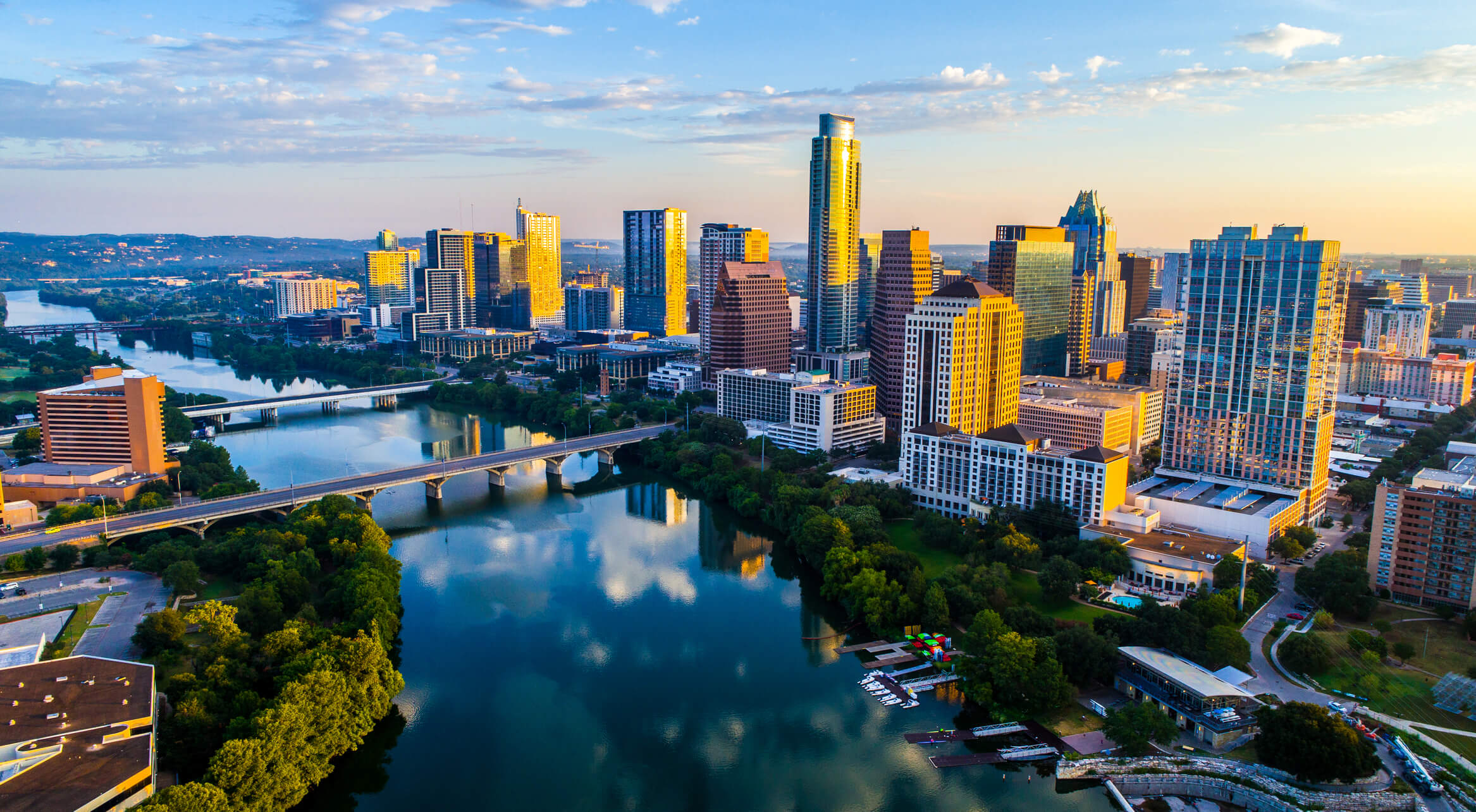Professional real estate photo of Austin, TX skyline in golden hour