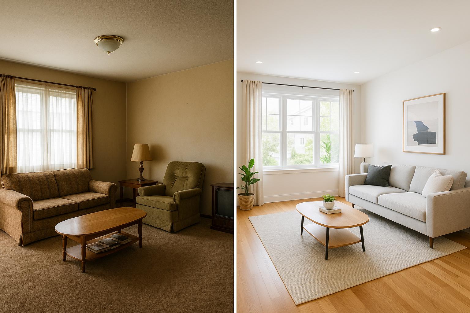 Before and after home staging Overland Park - cluttered room vs clean staged living room